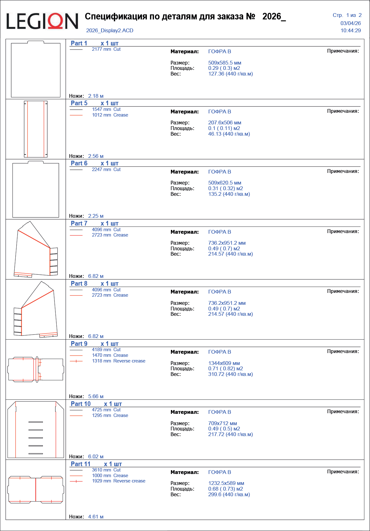Пример спецификации по деталям